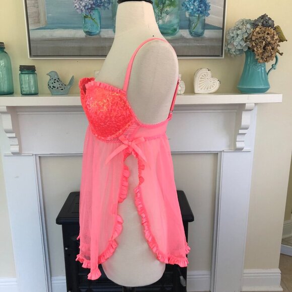 Victorias Secret Hot Pink/Melon Sequined Babydoll Nighty Size 34D - Picture 3 of 7